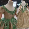 2021焼きゴールドのスパンコールの花の女の子の女の子の服のための服 - 緑のアップリケビーズ半袖コルセットバック子供誕生日の女の子Pageantガウン