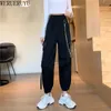 Werueruyu Spring Women Black Army Cargo Byxor Hip Hop Sashes Byxor Bf Harajuku Joggers Hög midja Oavsett Lossa Casual 210608