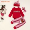 Bear Leader Christmas Clothing Sets för Baby Girls Boys Fashion Toddler Letter Print Tops Striped Pants Outfits med hattar 210708