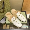 Designer Women Fur Slippers Embroider flower flully Loafers Genuine Leather Mules Womens White Black metal buckle