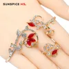 Sunspicems Guldfärg Palm Bangle med Ring Fashion Zircon Bröllop Smycken För Sociala Småer Senior Prom Flower Armband Ny Q0719