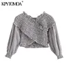 Kpytomoa vrouwen zoete mode gesmokte elastische asymmetrische bijgesneden blouses vintage v nek lange mouw vrouwelijke shirts chic tops 210226