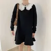 Aelegantmis Casual Peter Pan Collar Dress Women Lace Loose Short Trumpet Dresses Black Solid Vestidos Female Korean Chic Spring 210607