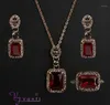 Boucles d'oreilles collier Style Vintage Antique couleur or carré rouge Long collier boucle d'oreille bague ensembles de bijoux cadeau pour les femmes