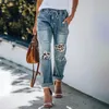 Kvinnors jeans sommar avslappnad blå mönster tryckt lös fotled längd bred ben raka byxor hål tätt midja denim kvinnor