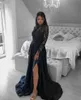 Sexy Illusion Long Sleeve Evening Dresses Lace A-Line Appliques Beads Black Formal Occasion Gowns Split Satin Prom Dress Robe Soirée Pageant Wear For Women Girls