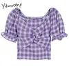 Yitimuceng Plaid Blouse Women Shirts Solid Sommar Mode Kläder Kortärmad O-Neck Puff Sleeve Enkelt stil Tops 210601