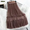 2021 Spring Autumn Elasti High Wasit Vintage Guil Long Skirt Women Clothes Solid A-lien Pleated Mesh Mid-calf Skirts Female