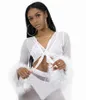 Pink Mesh Tracksuit Women Cute Faxu Fur passar Two Piece Sexy Tie Up Mesh Crop Top och Flare Pants Set Party Outfits T200528