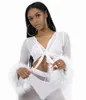 Rosa Mesh Trainingsanzug Frauen Nette Faxu Pelz Anzüge Zwei Stück Sexy Tie Up Mesh Crop Top Und Flare Hosen Set party Outfits T200528