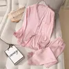 Mechcitiz Pijamas Cetim Mulheres 2pcs Sleep Sleep Sexy Sleepwear Calças Outono Silk Pijama Set Satin Kimono Rouphrobe Sexy Nightwear 211112