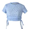 花のプリント短いTシャツ夏の女性Oネック側巾着ニットリブ付きクロップトップレディカジュアルコットンシーリングホワイトTシャツ210604