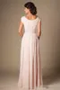 Blushing Pink Long Formal Full Length Modest Chiffon Beach Bridesmaid Dresses With Cap Sleeves Beaded Ruched Temple Bridesmaids Dre