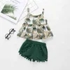 Zomer Kinderen Sets Casual Strap Print Tree Tops Green Solid Shorts 2 Stks Meisje Jongens Kleding Set 1-5T 210629
