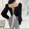 Casual Siyah Uzun Kollu Tops Kış Kare Yaka Kadınlar Seksi Backless Bluz Bahar Tasarımcı Partisi Kore Giyim Bayanlar 210604