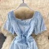 Été Vintage bleu/blanc/Beige évider Mini robe femmes élégant à manches courtes taille haute cordon une ligne Vestidos 2021 nouveau Y0603