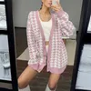 MEIYANGYOUNG V Neck Knitted Cardigans Sweater Pink Houndstooth Cardigan Long Sleeve Fashion Autumn Oversized Jumper 211011