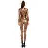 Sexy Leopard Print Jumpsuits WetLook Faux Lederen Catsuit PVC Latex Bodysuit Clubwear Fetish Hete erotische Pole Danskostuum 210317