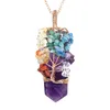 JLN Épée Forme Cristal Puce Pierre Vie Arbre Pendentif Sept Chakra Fil Enveloppé Quartz Hexagone Prisme Amulette Charme Avec Collier Chaîne En Laiton