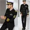 Herenpakken Blazers Hoge kwaliteit Lente Cruiseschip Werkkleding Heren Captain Navy uniform Lange mouw Effen zwarte herenpakken Hoed Jas Broek Accessoires Sets