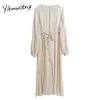 Yitimuceng Bandage Solid Vintage High Waist Dresses Women O-Neck A-Line Clothing Spring French Fashion Chiffon Dress 210601