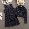 Blå Plaid Tweed Ull Kort Jacka + Ärmlös Vest Dress Suit Winter Women's Bow Pocket Jacket Set Ladies 2-Piece Dress 21302