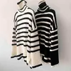 2021 Early Autumn Women Turtleneck Sweater Pullover Hem Slit Loose Stripes Long Sleeve Warm Female Retro Jumper Tops Y1110