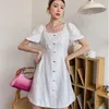 Women Dress Square Collar A-line Drawstring Short Sleeve Button Temperament Loose Fit Fashion Summer 2H818 210526