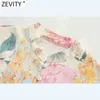 Zevity Women Elegant Pink Flower Print Breasted Shirtdress Female Long Sleeve Bow Sashes Vestido Chic A Line Mini Dresses DS8173 23027