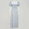 Kvinnor Fashion Puff Sleeve Lace Up High Split Klänning Vintage Ladies CottageCore Tallulah Blue White Floral Midi Drop 210623