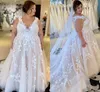 Plus Size Lace Floral Wedding Dresses 2022 Pricess V-neck Sweep Train Big Lady Garden Bridal Reception Gown Outdoor Marriage