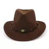 Western Cowboy Hat European US Wide Brim Woolen Jazz Hat with Leather Decorated Trilby Fedora hat Size 56-58CM