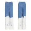 TWOTYLE Casual Loose Painted Women Full Length Jeans High Waist Hit Color Asymmetrical Denim Wide Leg Pants For Female 210629