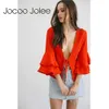 Jocoo Jolee Sexy Lace-up Women Coat with Three Quarter Butterfly Sleeves V-Neck Loose Winter&Spring Coat Global Shopping 210619