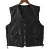 Herrvästar Mens Side Laces Justerbar svart läder Motorcykel Vest Biker Mjuk Sheepskin