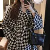 PERHAPS U Vintage England Style Turn Down Collar Laced Houndstooth Woolen Coat C3007 210529
