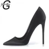 GENSHUO Frauen Pumps Spitzschuh High Heel 12 cm Party Hochzeit Stiletto Heels Schuhe Schwarz Rot Satin Plus Größe 12 Zapatos De Mujer 210310