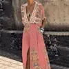 Wzór Vintage Drukowane Boho Długie Drwomen Sexy Deep V Neck Split Maxi Dresummer Krótki Rękaw Kieszonkowy Suknie Plażowe Vestido X0621