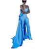 Modern Sky Blue Formal Evening Dresses Jumpsuits With Overskirt Stain Sweetheart Draped Peplum Arabic Dubai Prom Dress Pant Suits Pageant Party Gowns