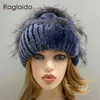 Knitted Hat Women Natural Fur Rex Rabbit Floral Cap Genuine Fluffy Stylish Female Bonnets 211229