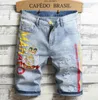 Mannen borduurwerk blauwe jeans denim shorts zomer ontwerper heren badge patchwork gebleekt retro grote maat brieven patches korte broek broek 312