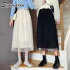 Surmiitro lente zomer lange tule rok vrouwen Koreaanse stijl zwart kant holle hoge taille bureau geplooide midi rok vrouw 210712