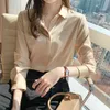 Элегантная атласная блузка осень весенний воротник однобортный с длинным рукавом женский шифоновая рубашка дамы плюс 210601