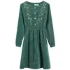 Mode vintage corduroy jurk vrouwen lange mouw bloemen borduurwerk elegante casual dames vrouwelijke midi jurk groen 7425 50 210417