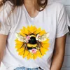 Camiseta de mujer, camisetas de mujer, camiseta de manga corta con dibujo de abeja y girasol de dibujos animados, camiseta de manga corta con estampado elegante a la moda