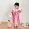 Großhandel koreanischen Stil Frühling Mädchen Kleid Spitzenkragen Puffärmel Prinzessin Kleider Kinder Kleidung E9035 210610