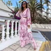 Sexy Floral Cute Hollow Out Boho Długie Drwomen Deep V Neck Ruffle Party DR2021 Wiosna Lato Z Długim Rękawem Maxi Beach Dress X0621