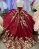 Burgundy Gold Quinceanera Dress 2023 Glitter Ruffle Tulle Appliques Spaghetti For 15 Girls Quince Party Gowns Exquisite Sweet 16 Charro Mexican Hunter Long Train