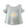 T-shirt estiva per bambina in cotone con design estivo, manica corta, o-collo, senza spalline, spalle scoperte, floreale, carino, per bambini, 210529