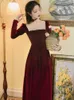 エレガントなブルゴーニュの正方形の襟のベルベットのドレス女性のハイウエスト長袖ビンテージの夜の誕生日パーティードレス女性vestidos 210603